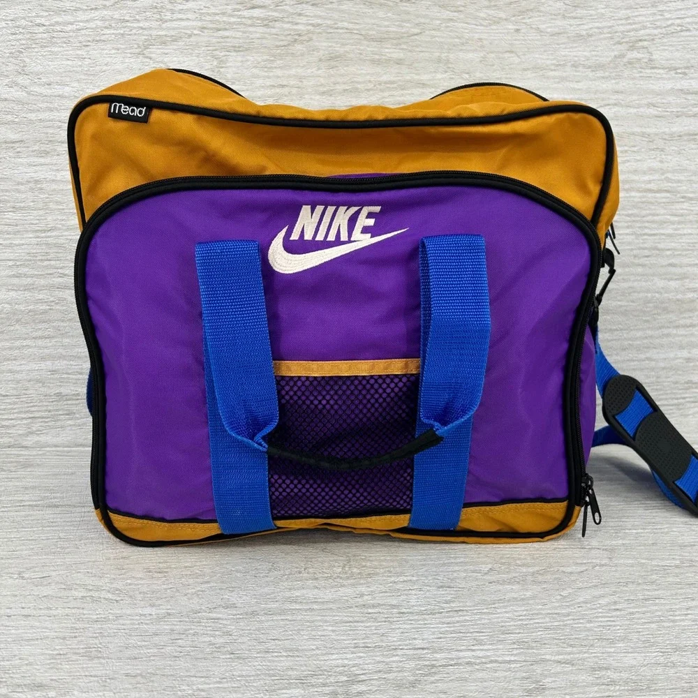 Vintage Nike x Mead Messenger Bag Purple Gold Blue 90s Retro Duffle Sport Bag